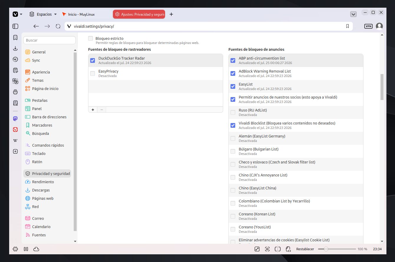 Los mejores filtros para el bloqueador de Vivaldi